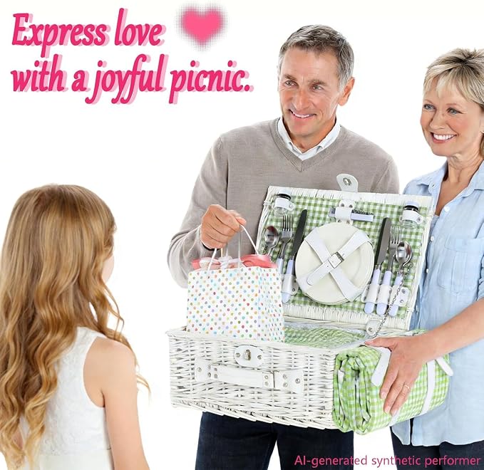 Picnic Basket Set for 4 with Waterproof Blanket Mat Insulation Bag Wicker White Green Plaid Classic Fresh Gift for Christmas Thanksgiving Wedding Birthday Camp Outdoor Beach Travel - Image 8