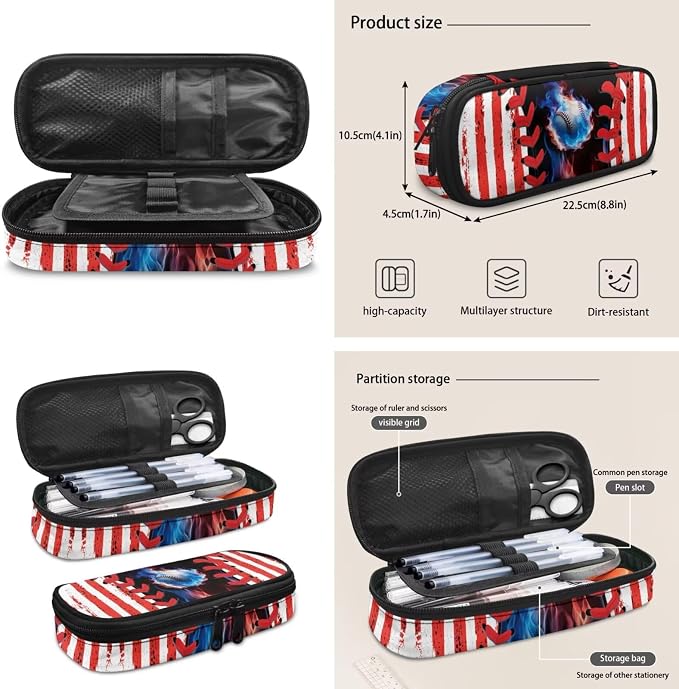 Baseball Backpack 4 Pieces American Flag School Backpack with Lunch Bag Handbag Pencil Case Water Bottle Sling Bag Elementary Middle Rucksack Travel Bookbag - Image 3