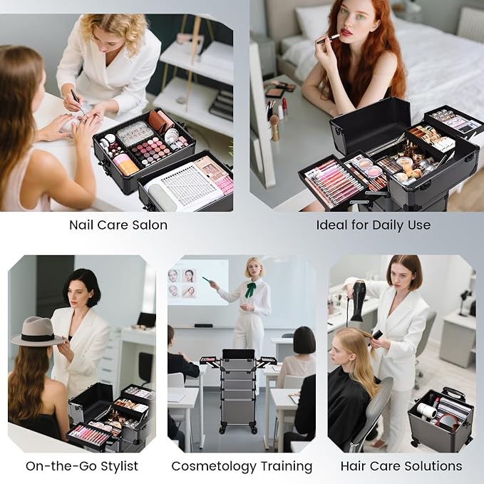 Rolling Makeup Case Makeup Train Case with Lid 5 in 1 Cosmetology Case on Wheels Cosmetic Trolley Organizer Large Makeup Organizers Case Profesional Cosmetic Case for Salon Barber Nail Beauty, Grey - Image 6