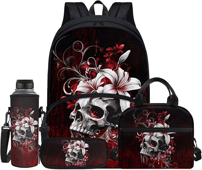 Gothic Skull Lily Flower Red School Bag for Student Laptop Backpack Casual Travel Backpacks Kids Boys Girls Schoolbag Bookbag Insulated Lunch Book Pencil Bags Purses for Men Women by Jndtueit
