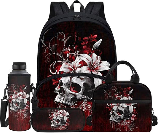 Gothic Skull Lily Flower Red School Bag for Student Laptop Backpack Casual Travel Backpacks Kids Boys Girls Schoolbag Bookbag Insulated Lunch Book Pencil Bags Purses for Men Women by Jndtueit