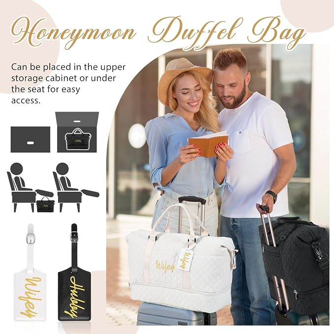 Dansydaisy 4 Pcs Duffel Bag Set Include 2 Honeymoon Travel Bags with Shoe Compartment and 2 Luggage Tags(19.7 x 9.8 x 15.7 Inches,Hubby and Wifey,Black,White) - Image 6