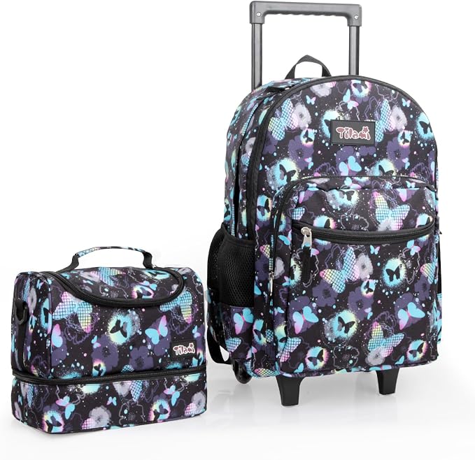 Tilami Rolling Backpack for Kids 18 Inch Double Handle Wheeled Bookbag for Boys & Girls for School & Travel,Butterfly by Tilami
