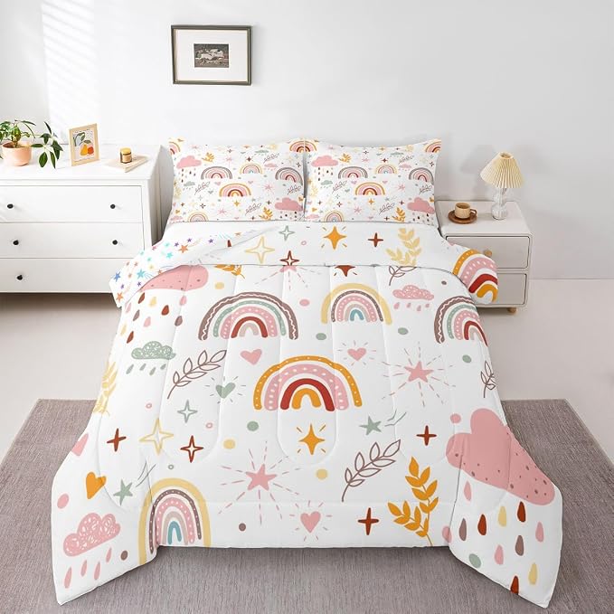Erosebridal Girls Rainbow Quilt & 2 Pillow Cases, Pink Love Heart Comforter Set King Size Cartoon Rainbow Bedding Set Kawaii Decor, Hand Drawn Iridescent Duvet Insert for Kids Boys Teens Adult Women by Erosebridal
