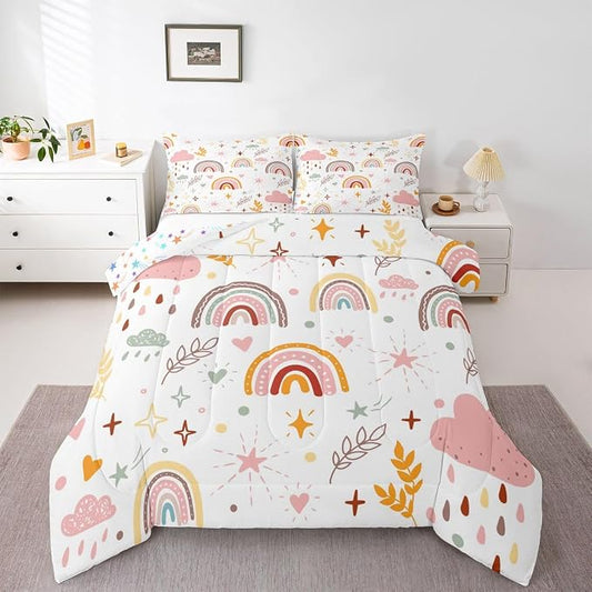 Erosebridal Girls Rainbow Quilt & 2 Pillow Cases, Pink Love Heart Comforter Set King Size Cartoon Rainbow Bedding Set Kawaii Decor, Hand Drawn Iridescent Duvet Insert for Kids Boys Teens Adult Women by Erosebridal