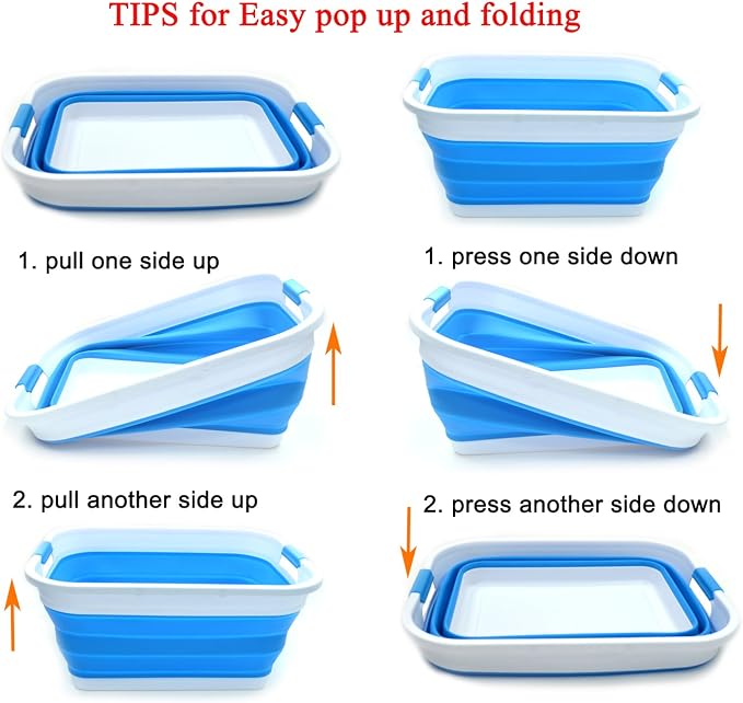 SAMMART Set of 2-41L(10.8 gallon) Collapsible Plastic Laundry Basket-Pop Up Storage Container-Portable Washing Tub-Space Saving Hamper/Basket, Water capacity:32L(8.4 gallon) (2 rectangular, Sky Blue) - Image 6