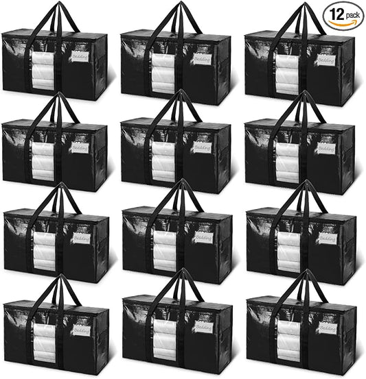 TAILI Extra Large Moving Bags, 12 Pack Black Heavy Duty Totes For Storage with Visible Window, Wrap Around Handles, Storage Bags for Space Saving, Alternative to Moving Boxes by TAILI