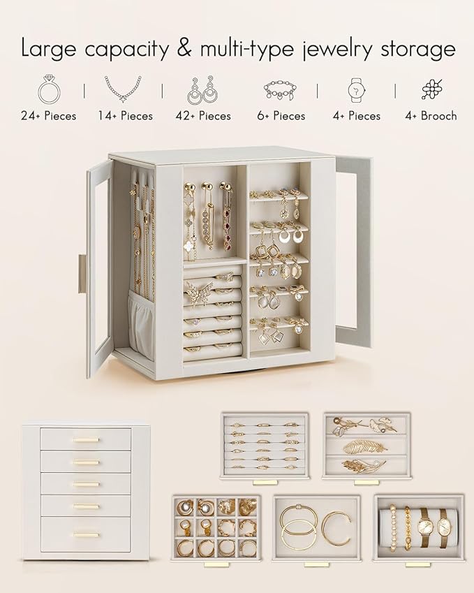VLANDO 360ｰ Rotating Jewelry Box with 5 Drawers, Large Jewelry Storage with 2 Glass Window, PU Leather Jewelry Organizer for Bracelets, Necklaces, Earrings, Rings - Cloud White - Image 4