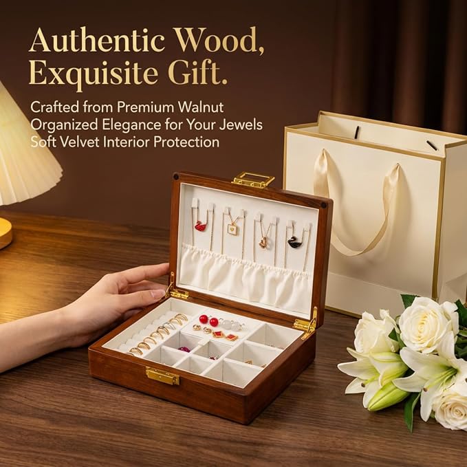 Solid Black Walnut Jewelry Box with Lock and Key Large Capacity Vintage Wooden Organizer for Women and Men Ring Necklace Earring Cufflink Storage Removable Dividers Gift for Christmas - Image 2