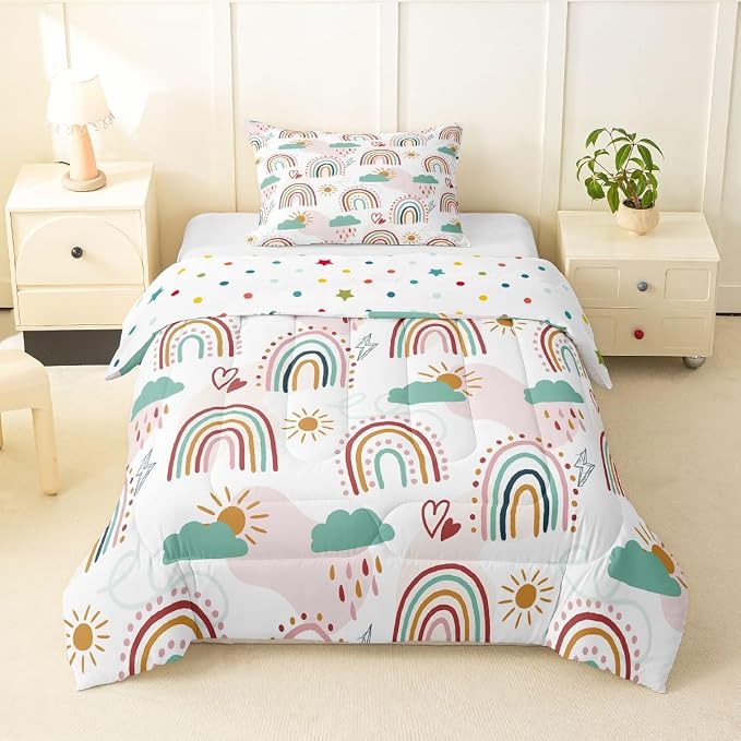 Erosebridal Rainbow Quilt for Kids Girls, Cartoon Sun and Clouds Comforter Set & Pillow Cases, Love Heart Down Comforter Iridescent Stripes Hand Drawn Bedding Set Kawaii Room Decor, Twin Size by Erosebridal