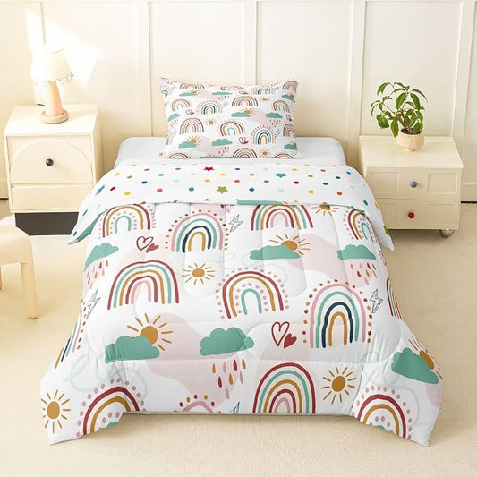 Erosebridal Rainbow Quilt for Kids Girls, Cartoon Sun and Clouds Comforter Set & Pillow Cases, Love Heart Down Comforter Iridescent Stripes Hand Drawn Bedding Set Kawaii Room Decor, Twin Size by Erosebridal