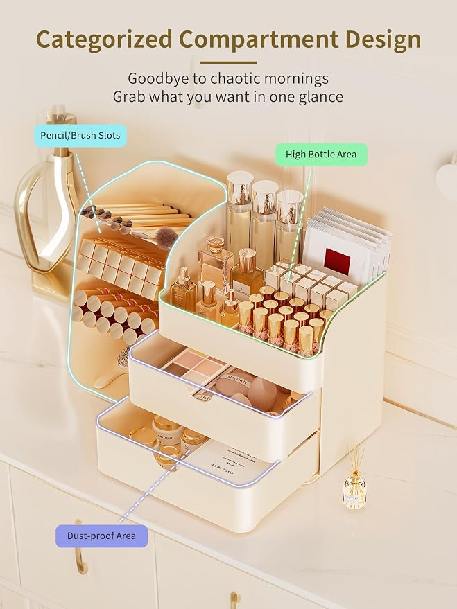 Booklov Small Makeup Organizer for Vanity and Bathroom Countertop, Cream | Plastic Cosmetic Display Case with Drawers, Beauty Brush Holder for Dresser Counter Skin Care Eyeshadow Lipstick Storage - Image 3