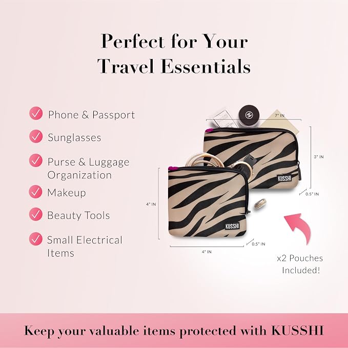 KUSSHI 2pc Neoprene On-The-Go Pouch Set - Passport Holder and Travel Zipper Makeup Pouch for Purse - Small Purse Pouch for Organization, Electronics, Glasses & Valuables (Zebra) - Image 5