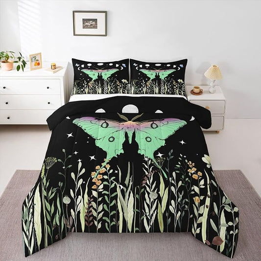 Erosebridal Teens Moth Bedding Set Queen, Aesthetic Flower Comforter Set Bohemian Sun Moon Duvet Sets for Kids Boys Adult Women, Nature Trippy Floral Bedding Comforters Goth Bedroom Decor by Erosebridal