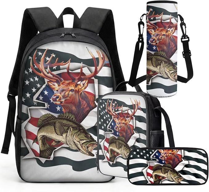GIFTPUZZ 4-in-1 Camo Fish American Flag Kids Backpack Set | Patriotic School Bookbag with Lunch Box for Elementary Boys, Zippered Pencil Case, Water Bottle Holder, Ages 6-8 - Image 8