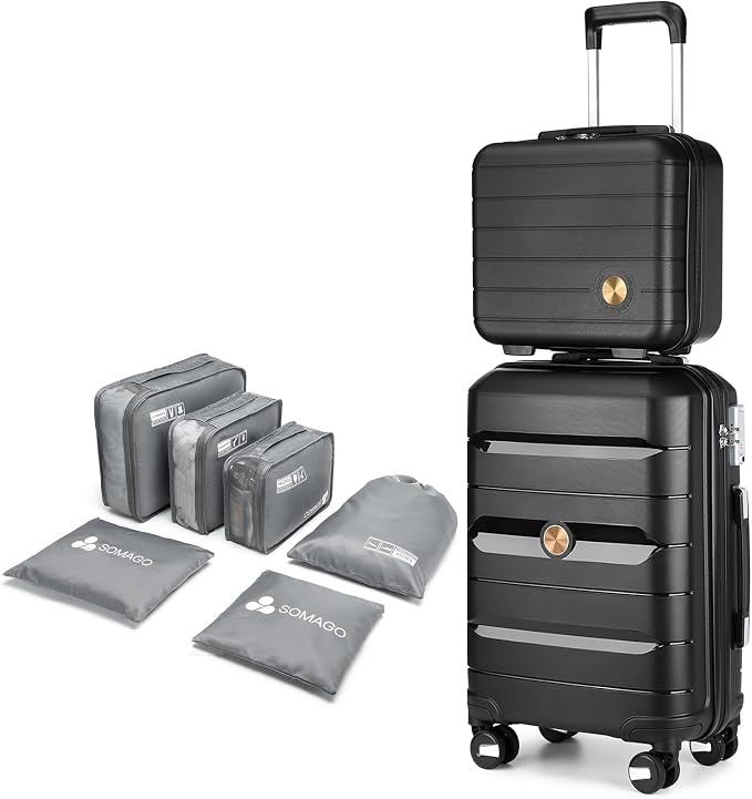 Somago 20 Inch Carry On Luggage Sets Hardside Suitcase with Double Spinner Wheels and TSA Lock YKK Zipper (Classic Black,14/20) by SOMAGO