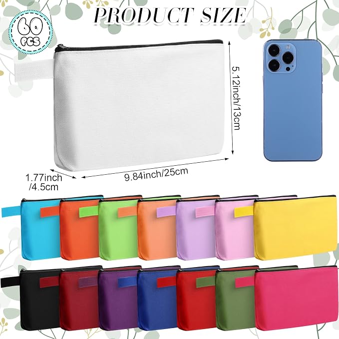 Reginary 60 Pcs Multicolor Canvas Makeup Bag Bulk Portable Travel Cosmetic Pouch Versatile Blank Toiletry Bag with Zipper for Women DIY Craft Purse Pencil Case (9.8 x 5 x 2 Inch) - Image 3