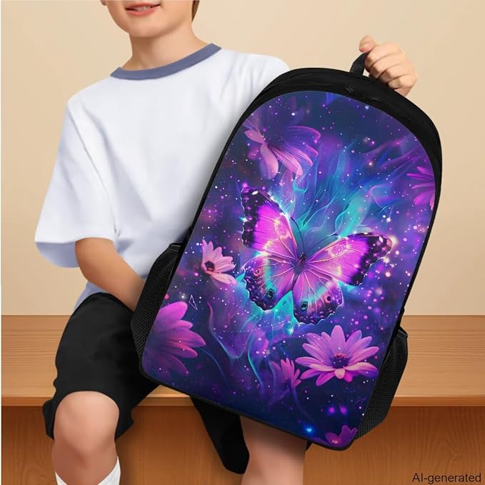 Galaxy Butterfly Backpack for Girls Kids Backpack with Lunch Box Water Bottle Pouch and Soft Pencil Case 4PCS Set Bookbag with Compartments for School Teens 17 inch School Bag with Side Pocket - Image 3