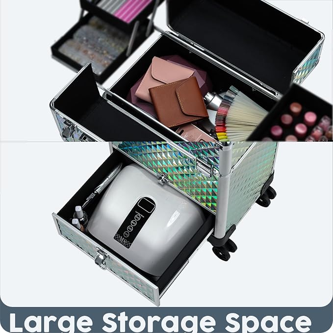 Hododou Blue Rolling Makeup Case with Drawer Travel Trolley Cosmetology Case on Wheel Makeup Storage Salon Barber Case Traveling Cart Trunk for Cosmetologist Nail Tech Hairstylist - Image 5