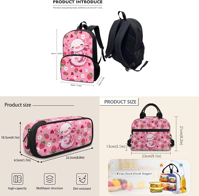 Cute School Backpack for Girls, Kids Strawberry Axolotl Backpack School Bookbags with Insulated Lunch Box Pencil Case 3 in 1, Lightweight School Bag - Image 5