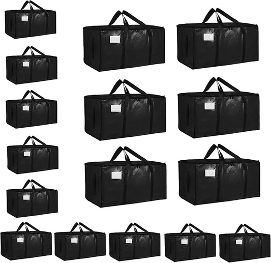 16 Pack-Extra Large Heavy Duty Moving Bags - Waterproof Storage Totes with Handles & Zippers, Foldable for College Dorm, Storage (Black) by Unknown