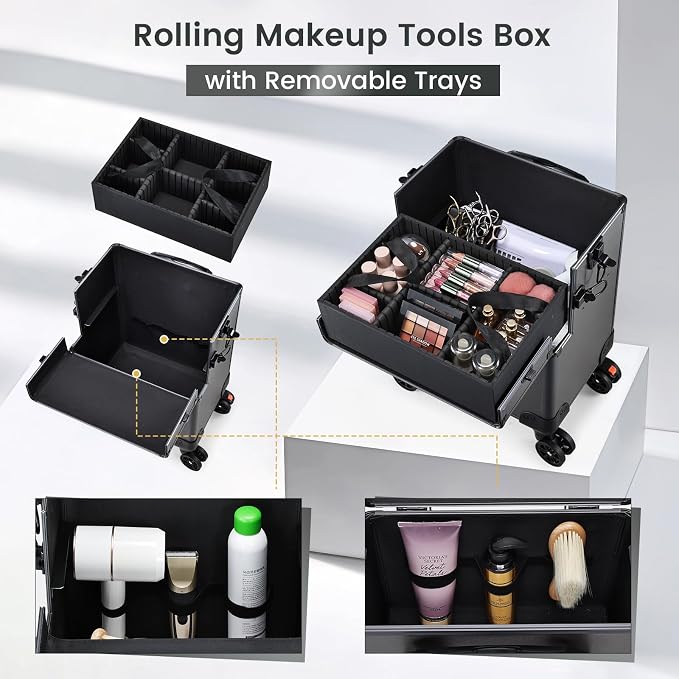 Yueieoun 5 in 1 Makeup Train Case, Cosmetology Case on Wheels Travel Make up Case Rolling Nail Cart Makeup Organizer Cosmetic Storage Box Cases Extra Large Trolley Truck, 360° Swivel Wheels, Ashy Grey - Image 4