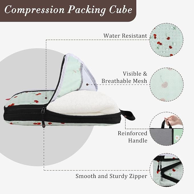 U+U 10 Set Compression Packing Cubes - Ultralight Travel Organizers with Laundry Bag and Cosmetic Bag, Space-Saving Suitcase Organizer for Travel, Business Trip and Family Vacation (Sage Green Cherry) - Image 2