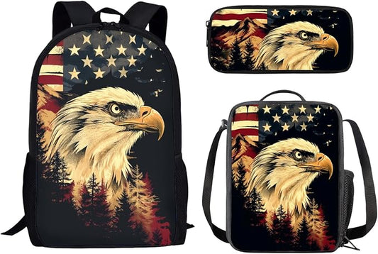 Mumeson Cool Eagle Backpack Bookbag Lightweight Schoolbags for Kids Boys Girls Back to School Supplies 3 Pieces Set School Bags with Messenger Bag Lunch Tote Bags Small Pencase American Flag by Mumeson