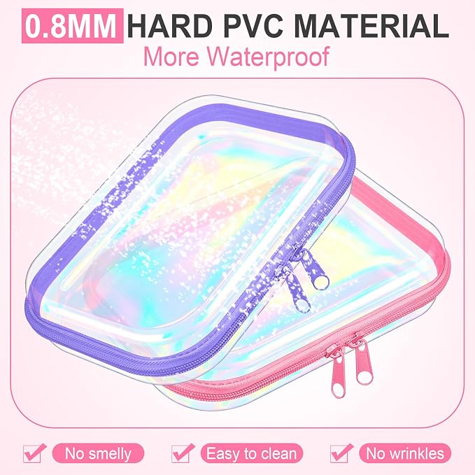 Sanwuta 6 Pcs Clear Hard Zipper Case Plastic Zipper Pouches Transparent Makeup Bag Pencil Case Pouches Toiletry Diaper Bag for Travel Toy Storage Organizer Bins(Holographic,7.09 x 5.12 x 2 Inch) - Image 4