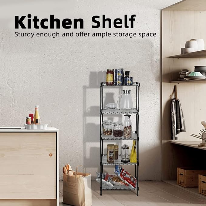 5-Tier Wire Shelving, 11.8x15.7x63in, Black - Heavy Duty Shelf - Kitchen Storage Shelves - Image 6