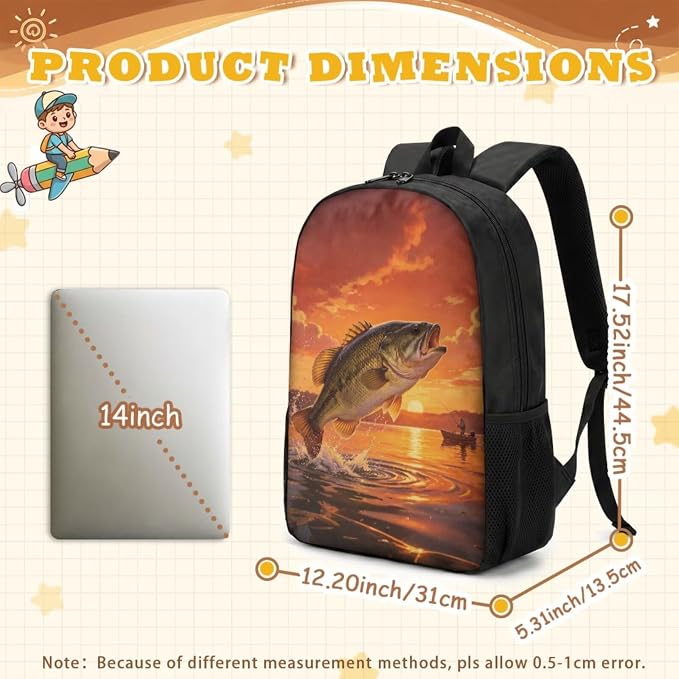 Bass Fishing Boys Backpacks Ages 8-10/6-8 with Lunch Box Kids Elementary School Bookbag and Lunch Bag Set 17in Hunting Fish Back Pack 4 in 1 Primary Book Bag - Image 4