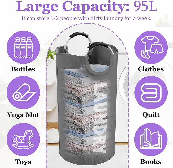 Collapsible Laundry Basket with Handles, 95L Large Laundry Hamper for Bedroom, Dirty Clothes Hamper Stand Up Well, Portable Storage Basket for Famliy, Travel, Dark Grey - Image 2