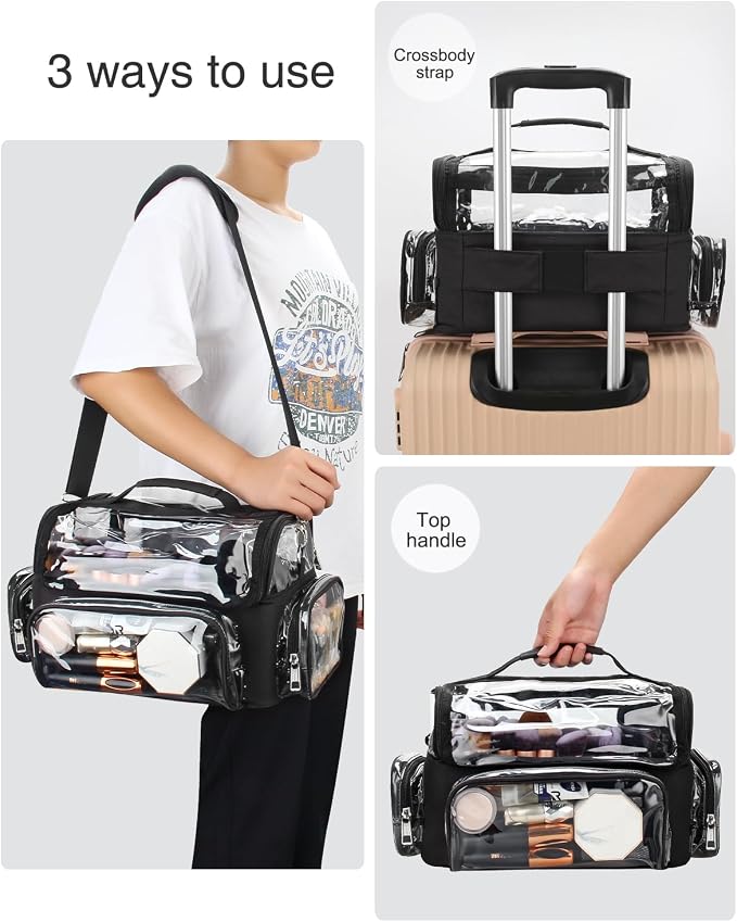 TANTO Makeup Brush Case, Clear Extra Large Cosmetic Organizer Holder Professional Makeup Artist Train Case with Adjustable Dividers&Strap Portable Makeup Brush Holder (02A-Black（XX Large）) - Image 2