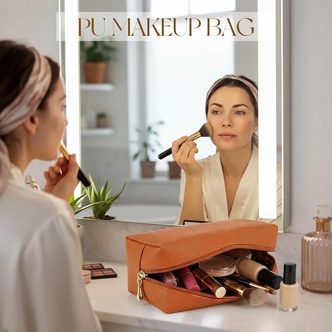 Kigeli Aesthetic Makeup Bags PU Leather Cosmetic Pouches Waterproof Plain Toiletry Bags Makeup Pouches Bulk for Women Party Gift Travel Storage Organizer(Orange Brown,7.1 x 2.8 x 4.3 in) - Image 5