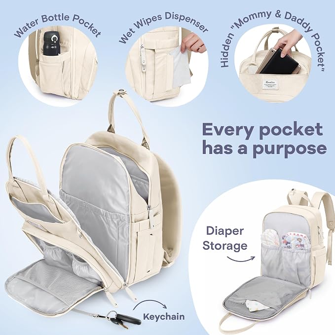 RUVALINO Diaper Bag Backpack-Multifunction Baby Travel Bag with Changing pad, Insulated Bottle Holders & Pacifier Case, Large Capacity, Waterproof, Beige - Image 3