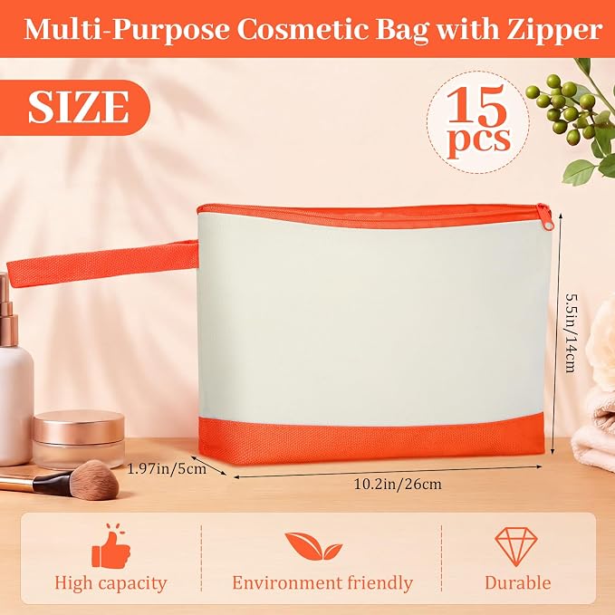Silkfly 15 Pcs Cotton Canvas Makeup Bags Cosmetic Zipper Bags 10.2 x 5.5 x 2'' Blank DIY Pouch Bulk Pencil Case with Bottom Travel Toiletry Pouch for Women Craft Decor Gift (Beige and Orange) - Image 2