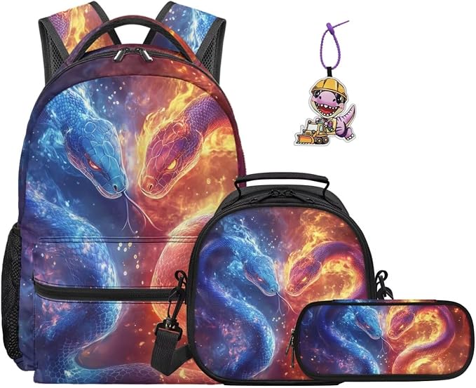 Water Fire Snake 4-in-1 Backpack Set for Boys 4th 5th 6th Grade, Cool School Bag with Lunch Box, Pencil Case & Dinosaur Charm, 17 Inch Sporty Backpacks with Adjustable Shoulder Strap by Dremagia