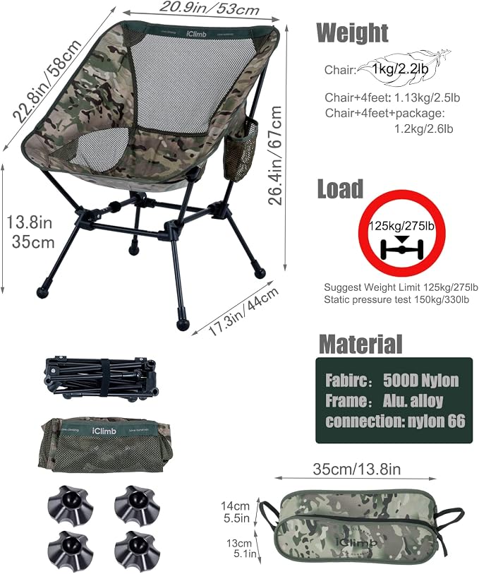 iClimb Ultralight Compact Camping Folding Beach Chair with Anti-Sinking Large Feet and Back Support Webbing (Woodland - Square Frame - 2PC) - Image 3