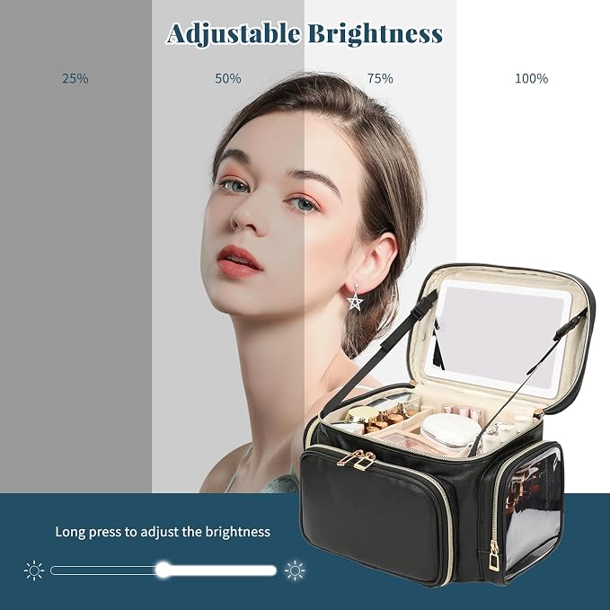 Large Makeup Bag with LED Mirror, Travel Makeup Bag Organizer for Women Girls with Makeup Brush Compartment & Two Side Pockets, 3 Color Lights Cosmetic Toiletry Bag- Leather Black - Image 4