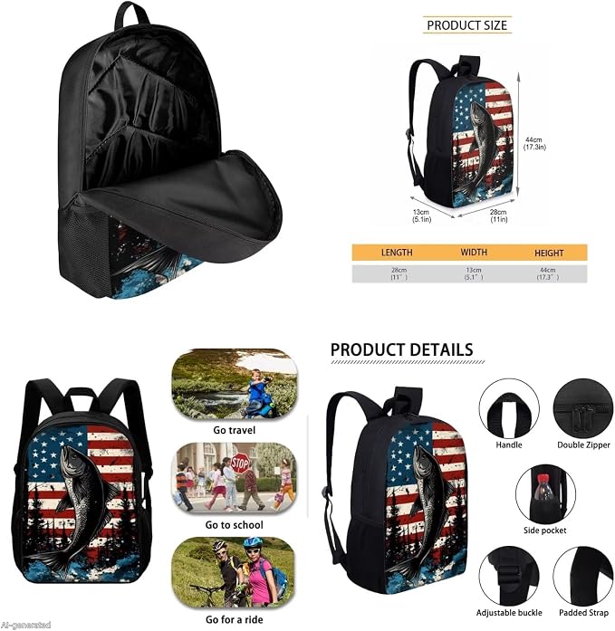 GIFTPUZZ Fish American Flag Backpack Set for Elementary Boys | Vintage Patriotic Print, 4-in-1 School Set, 17 Inch Bookbag with Lunch Box, Pencil Case, Water Bottle Sleeve, Ages 6-8 - Image 5