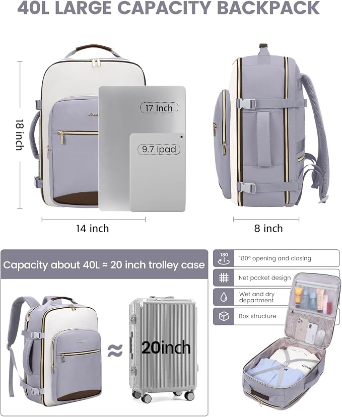 LOVEVOOK Large Travel Backpack for Women & Men, 40L Carry on Backpack for Airplanes, TSA Personal Item Travel Bag fits 17" Laptop, Waterproof Travel Essentials Airline Approved with 3 Packing Cubes - Image 4