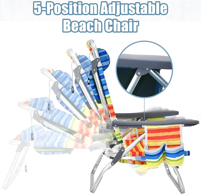 Giantex Folding Beach Chair, Patio Sling Chairs with 5 Adjustable Position, Head Pillow, Storage Bag, Towel Bar, Cup Holders, Backpack Chairs for Sunbathing, Camping Chair - Image 6
