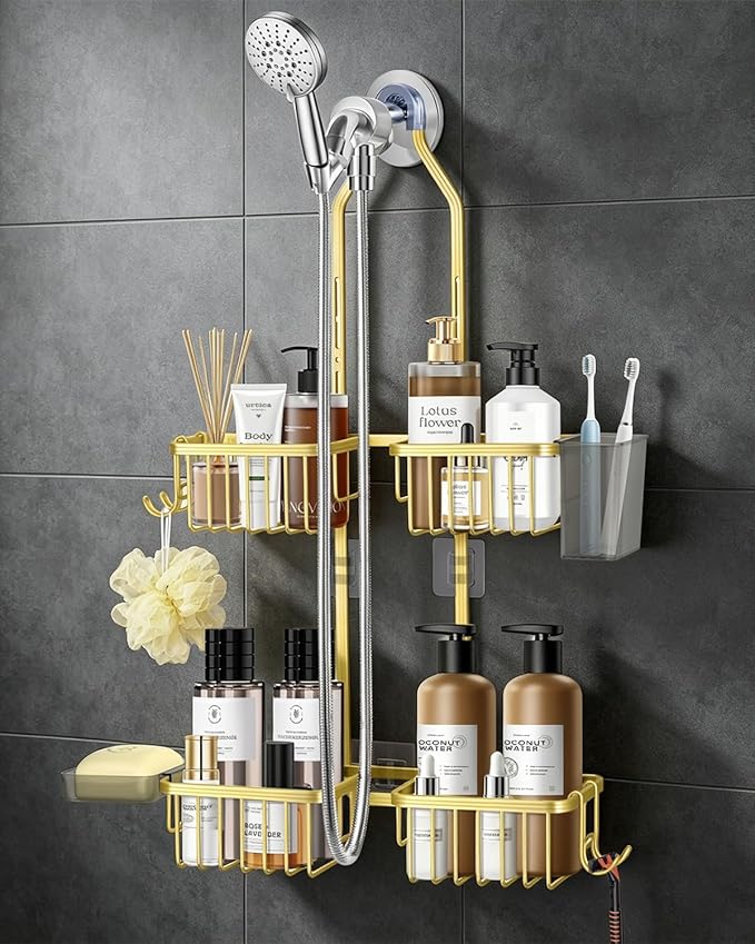 Adjustable Hanging Shower Caddy for Handheld Showerhead, Rustproof Aluminum Over Shower Head Organizer, Renter-Friendly No-Swing Storage for Tall Bottles & Soap, 2-Tier, Gold by MSAICOE