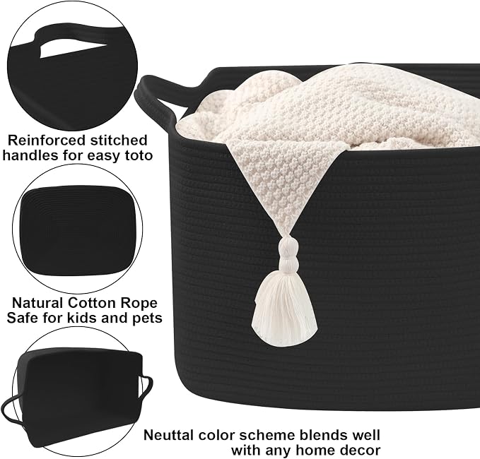 65L Collapsible Woven Rope Laundry Basket with Handles,Black | 21x16x12 Foldable Rectangular Blanket Basket for Toys, Clothes & Pillows,Ideal for Nursery, Bathroom, Bedroom, Living Room - Image 3