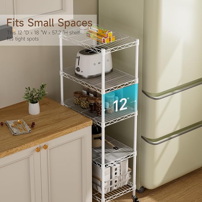 Golpart Small 5 Tier Shelves Storage Wire Shelving Unit Metal Shelf Adjustable Organizers Storage Shelving with Wheels for Bathroom Laundry Room Kitchen Pantry11.7”D x 17.7”W x 57.2”H White - Image 7