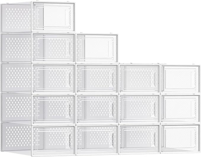 SONGMICS Shoe Boxes, Pack of 15 Shoe Storage Organizers, Stackable Clear Plastic Boxes for Closet, Sneakers, 13.1 x 9.1 x 5.6 Inches, Transparent and White ULSP015W02 by Unknown