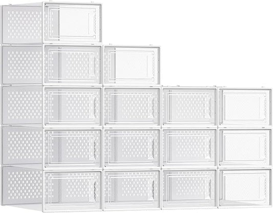 SONGMICS Shoe Boxes, Pack of 15 Shoe Storage Organizers, Stackable Clear Plastic Boxes for Closet, Sneakers, 13.1 x 9.1 x 5.6 Inches, Transparent and White ULSP015W02 by Unknown
