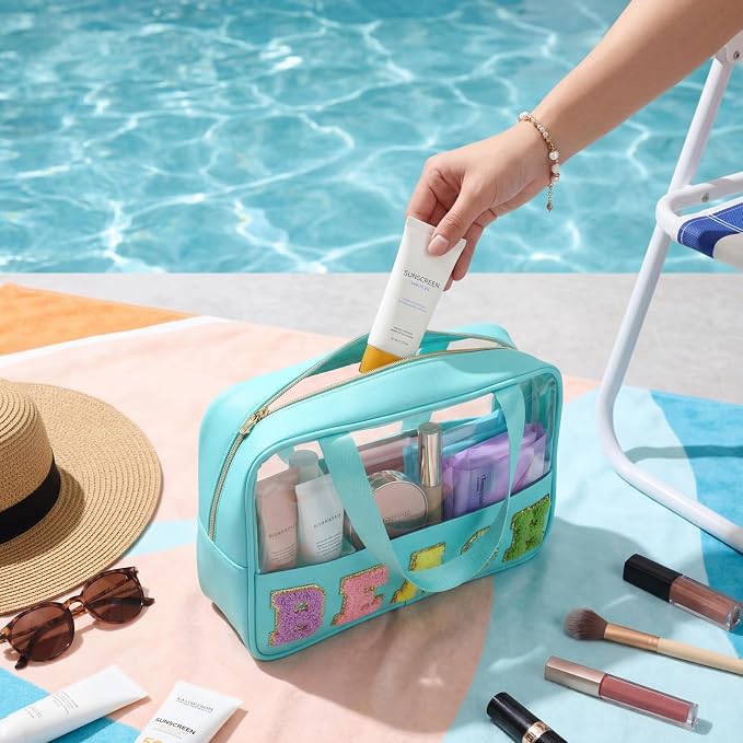 Hillban 6 Pcs Clear Beach Makeup Bags Bulk Travel Toiletry Bags with Handle Chenille Letter Large Waterproof Storage Preppy Patch PVC Nylon Cosmetic Bag for Summer Beach Pool Vacation Women Gift - Image 6