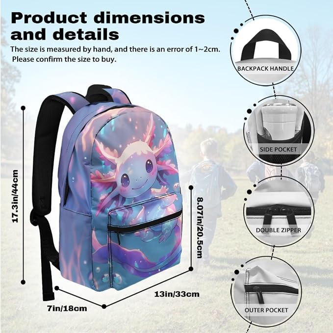 Adorable Axolotl Bookbag and Lunch Box Set for Girls Lightweight Cute Backpacks for 5th Grade Girls for Kindergarten Primary Elementary 17 inch Travel Back Pack Purse with Adjustable Starps - Image 3