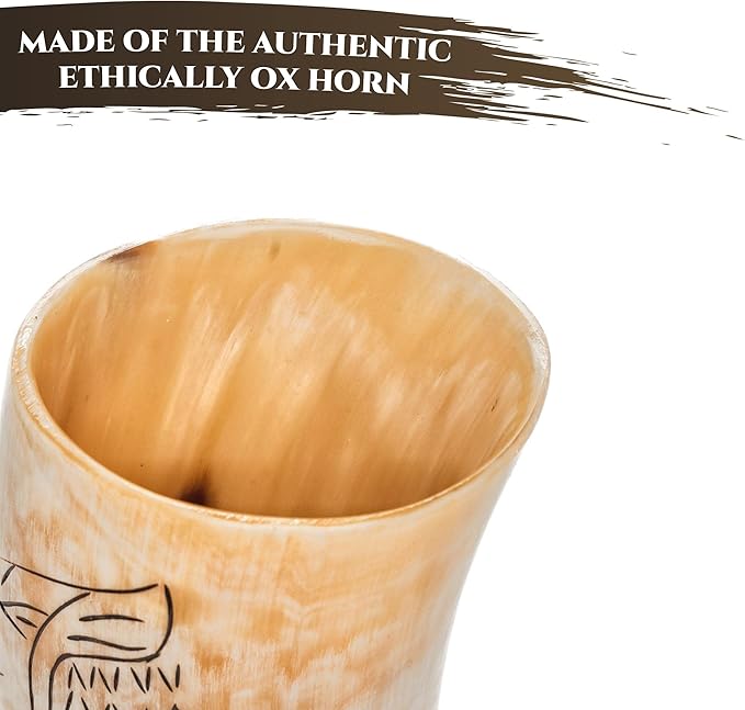 Viking Drinking Horn Mugs Set of 4, beer stein set, Natural Ox Horn Shot Glasses | 10 oz Cool Unique Tumbler, Beer Gift for Men and Women, Handmade Goblet| Medieval Stein for Ale, Mead